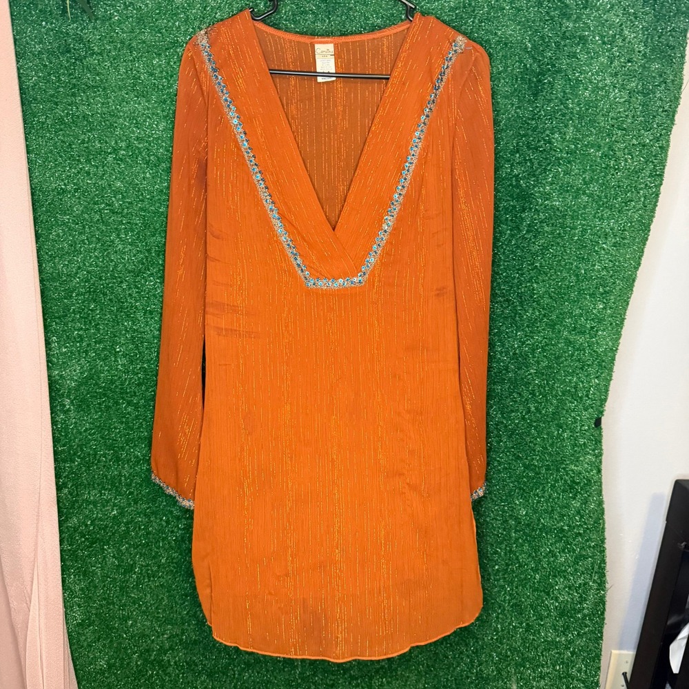 Vintage Y2K Carolina USA Orange Metallic Embellished Tunic Top Medium